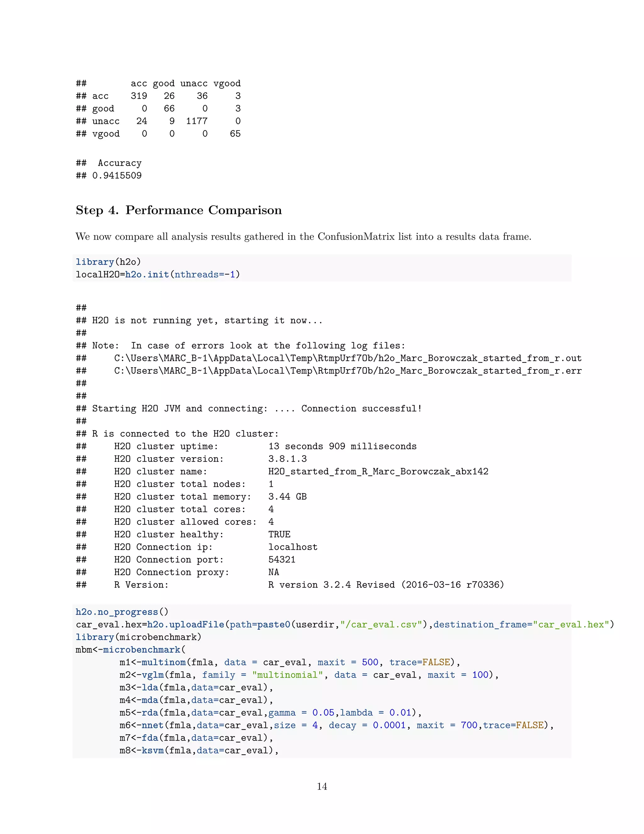 ## acc good unacc vgood
## acc 319 26 36 3
## good 0 66 0 3
## unacc 24 9 1177 0
## vgood 0 0 0 65
## Accuracy
## 0.9415509
Step 4. Performance Comparison
We now compare all analysis results gathered in the ConfusionMatrix list into a results data frame.
library(h2o)
localH2O=h2o.init(nthreads=-1)
##
## H2O is not running yet, starting it now...
##
## Note: In case of errors look at the following log files:
## C:UsersMARC_B~1AppDataLocalTempRtmpUrf7Ob/h2o_Marc_Borowczak_started_from_r.out
## C:UsersMARC_B~1AppDataLocalTempRtmpUrf7Ob/h2o_Marc_Borowczak_started_from_r.err
##
##
## Starting H2O JVM and connecting: .... Connection successful!
##
## R is connected to the H2O cluster:
## H2O cluster uptime: 13 seconds 909 milliseconds
## H2O cluster version: 3.8.1.3
## H2O cluster name: H2O_started_from_R_Marc_Borowczak_abx142
## H2O cluster total nodes: 1
## H2O cluster total memory: 3.44 GB
## H2O cluster total cores: 4
## H2O cluster allowed cores: 4
## H2O cluster healthy: TRUE
## H2O Connection ip: localhost
## H2O Connection port: 54321
## H2O Connection proxy: NA
## R Version: R version 3.2.4 Revised (2016-03-16 r70336)
h2o.no_progress()
car_eval.hex=h2o.uploadFile(path=paste0(userdir,"/car_eval.csv"),destination_frame="car_eval.hex")
library(microbenchmark)
mbm<-microbenchmark(
m1<-multinom(fmla, data = car_eval, maxit = 500, trace=FALSE),
m2<-vglm(fmla, family = "multinomial", data = car_eval, maxit = 100),
m3<-lda(fmla,data=car_eval),
m4<-mda(fmla,data=car_eval),
m5<-rda(fmla,data=car_eval,gamma = 0.05,lambda = 0.01),
m6<-nnet(fmla,data=car_eval,size = 4, decay = 0.0001, maxit = 700,trace=FALSE),
m7<-fda(fmla,data=car_eval),
m8<-ksvm(fmla,data=car_eval),
14
 