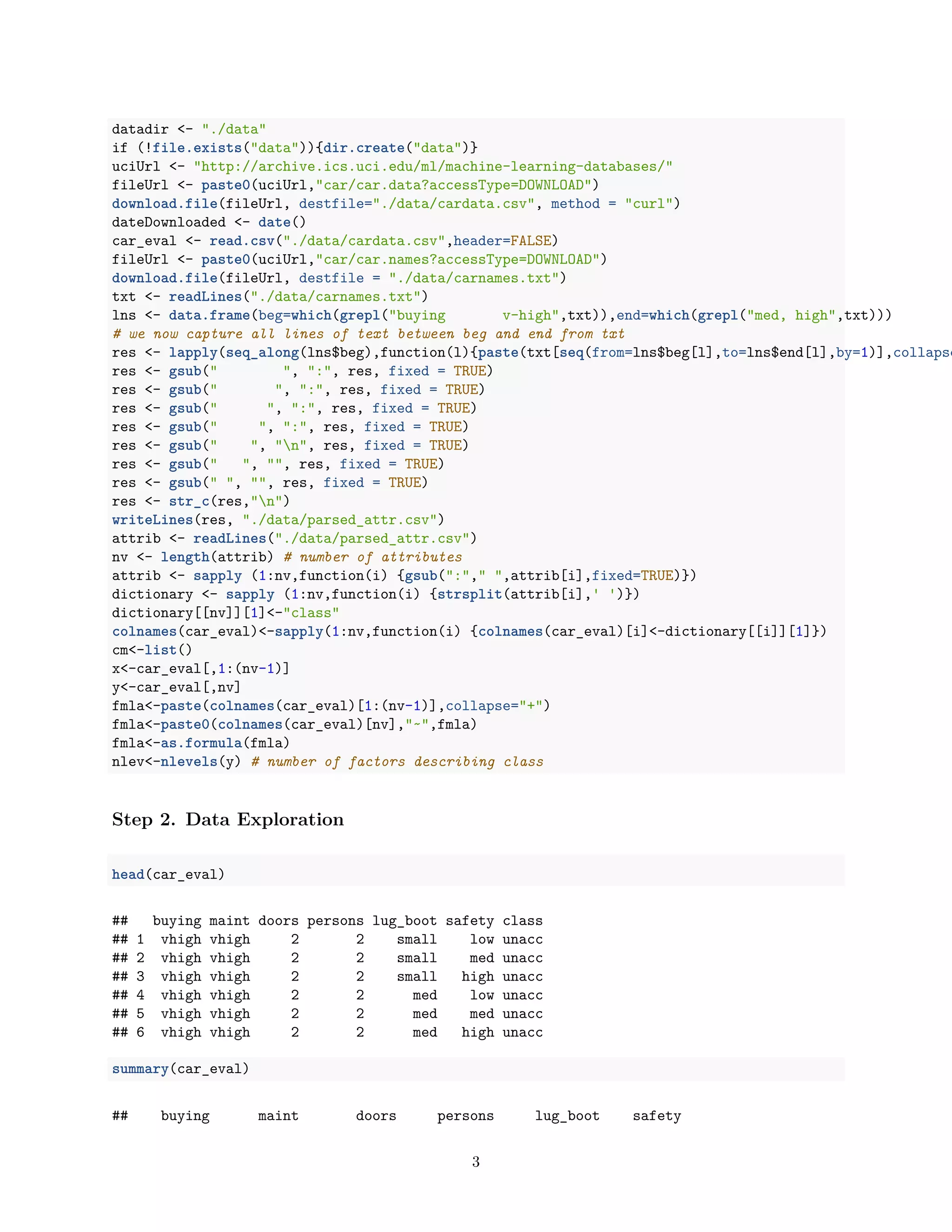 datadir <- "./data"
if (!file.exists("data")){dir.create("data")}
uciUrl <- "http://archive.ics.uci.edu/ml/machine-learning-databases/"
fileUrl <- paste0(uciUrl,"car/car.data?accessType=DOWNLOAD")
download.file(fileUrl, destfile="./data/cardata.csv", method = "curl")
dateDownloaded <- date()
car_eval <- read.csv("./data/cardata.csv",header=FALSE)
fileUrl <- paste0(uciUrl,"car/car.names?accessType=DOWNLOAD")
download.file(fileUrl, destfile = "./data/carnames.txt")
txt <- readLines("./data/carnames.txt")
lns <- data.frame(beg=which(grepl("buying v-high",txt)),end=which(grepl("med, high",txt)))
# we now capture all lines of text between beg and end from txt
res <- lapply(seq_along(lns$beg),function(l){paste(txt[seq(from=lns$beg[l],to=lns$end[l],by=1)],collapse
res <- gsub(" ", ":", res, fixed = TRUE)
res <- gsub(" ", ":", res, fixed = TRUE)
res <- gsub(" ", ":", res, fixed = TRUE)
res <- gsub(" ", ":", res, fixed = TRUE)
res <- gsub(" ", "n", res, fixed = TRUE)
res <- gsub(" ", "", res, fixed = TRUE)
res <- gsub(" ", "", res, fixed = TRUE)
res <- str_c(res,"n")
writeLines(res, "./data/parsed_attr.csv")
attrib <- readLines("./data/parsed_attr.csv")
nv <- length(attrib) # number of attributes
attrib <- sapply (1:nv,function(i) {gsub(":"," ",attrib[i],fixed=TRUE)})
dictionary <- sapply (1:nv,function(i) {strsplit(attrib[i],' ')})
dictionary[[nv]][1]<-"class"
colnames(car_eval)<-sapply(1:nv,function(i) {colnames(car_eval)[i]<-dictionary[[i]][1]})
cm<-list()
x<-car_eval[,1:(nv-1)]
y<-car_eval[,nv]
fmla<-paste(colnames(car_eval)[1:(nv-1)],collapse="+")
fmla<-paste0(colnames(car_eval)[nv],"~",fmla)
fmla<-as.formula(fmla)
nlev<-nlevels(y) # number of factors describing class
Step 2. Data Exploration
head(car_eval)
## buying maint doors persons lug_boot safety class
## 1 vhigh vhigh 2 2 small low unacc
## 2 vhigh vhigh 2 2 small med unacc
## 3 vhigh vhigh 2 2 small high unacc
## 4 vhigh vhigh 2 2 med low unacc
## 5 vhigh vhigh 2 2 med med unacc
## 6 vhigh vhigh 2 2 med high unacc
summary(car_eval)
## buying maint doors persons lug_boot safety
3
 
