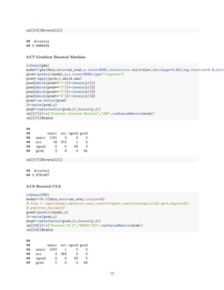 cm[[16]]$overall[1]
## Accuracy
## 0.9988426
3.C7 Gradient Boosted Machine
library(gbm)
model<-gbm(fmla,data=car_eval,n.trees=5000,interaction.depth=nlev,shrinkage=0.001,bag.fraction=0.8,distr
prob<-predict(model,x,n.trees=5000,type="response")
pred<-apply(prob,1,which.max)
pred[which(pred=="1")]<-levels(y)[1]
pred[which(pred=="2")]<-levels(y)[2]
pred[which(pred=="3")]<-levels(y)[3]
pred[which(pred=="4")]<-levels(y)[4]
pred<-as.factor(pred)
l<-union(pred,y)
mtab<-table(factor(pred,l),factor(y,l))
cm[[17]]<-c("Gradient Boosted Machine","GBM",confusionMatrix(mtab))
cm[[17]]$table
##
## unacc acc vgood good
## unacc 1191 3 0 0
## acc 16 372 1 0
## vgood 0 0 64 4
## good 3 9 0 65
cm[[17]]$overall[1]
## Accuracy
## 0.9791667
3.C8 Boosted C5.0
library(C50)
model<-C5.0(fmla,data=car_eval,trials=10)
# tree <- rpart(model,data=car_eval,control=rpart.control(minsplit=20,cp=0,digits=6))
# prp(tree,faclen=3)
pred<-predict(model,x)
l<-union(pred,y)
mtab<-table(factor(pred,l),factor(y,l))
cm[[18]]<-c("Boosted C5.0","BOOST-C50",confusionMatrix(mtab))
cm[[18]]$table
##
## unacc acc vgood good
## unacc 1207 1 0 0
## acc 3 383 2 0
## vgood 0 0 63 0
## good 0 0 0 69
12
 