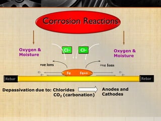 e- e-
Cl-Cl-
Rebar
e- e-
Rebar
Fe Fe++
+ve Ions +ve Ions
 
