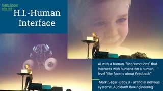 H.I.-Human
Interface
AI with a human ‘face/emotions’ that
interacts with humans on a human
level “the face is about feedback”
Mark Sagar -Baby X - artificial nervous
systems, Auckland Bioengineering
Mark Sagar
info link
 