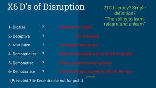 X6 D’s of Disruption 21C Literacy? Simple
definition?
“The ability to learn,
relearn, and unlearn”
1- Digitise ? Analogue to digital
2- Deceptive ? The ‘unknown’
3- Disruptive ? Challenges ‘status quo’
4- Dematerialise ? Multi-functional-No use for torch-on phone
5- Demonetise ? Bitcoin, electronic transactions
6- Democratise ? Crowdfunding-a society for all, not the few
(Predicted 7th- Decentralise, not for profit)
 