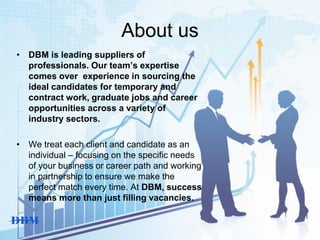 About us
• DBM is leading suppliers of
professionals. Our team’s expertise
comes over experience in sourcing the
ideal candidates for temporary and
contract work, graduate jobs and career
opportunities across a variety of
industry sectors.
• We treat each client and candidate as an
individual – focusing on the specific needs
of your business or career path and working
in partnership to ensure we make the
perfect match every time. At DBM, success
means more than just filling vacancies.
 