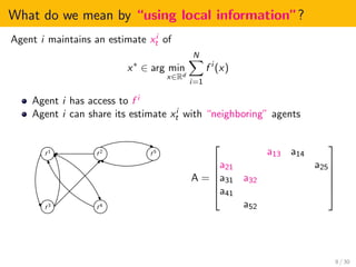 What do we mean by “using local information”?
Agent i maintains an estimate xi
t of
x∗
∈ arg min
x∈Rd
N
i=1
f i
(x)
Agent i has access to f i
Agent i can share its estimate xi
t with “neighboring” agents
f 1
f 2
f 3
f 4
f 5
A =






a13 a14
a21 a25
a31 a32
a41
a52






8 / 30
 