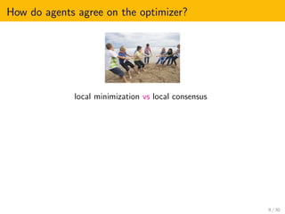 How do agents agree on the optimizer?
local minimization vs local consensus
9 / 30
 