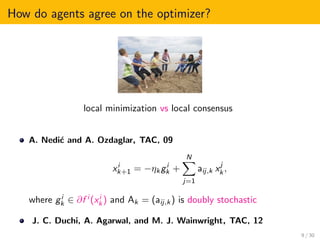 How do agents agree on the optimizer?
local minimization vs local consensus
A. Nedi´c and A. Ozdaglar, TAC, 09
xi
k+1 = −ηkgi
k +
N
j=1
aij,k xj
k,
where gi
k ∈ ∂f i (xi
k) and Ak = (aij,k) is doubly stochastic
J. C. Duchi, A. Agarwal, and M. J. Wainwright, TAC, 12
9 / 30
 