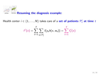 Resuming the diagnosis example:
Health center i ∈ {1, . . . , N} takes care of a set of patients Pi
t at time t
f i
(x) =
T
t=1 s∈Pi
t
l(ysh(x, ws)) =
T
t=1
f i
t (x)
19 / 30
 