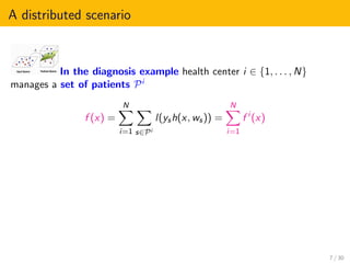A distributed scenario
In the diagnosis example health center i ∈ {1, . . . , N}
manages a set of patients Pi
f (x) =
N
i=1 s∈Pi
l(ysh(x, ws)) =
N
i=1
f i
(x)
7 / 30
 