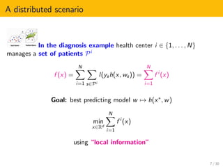 A distributed scenario
In the diagnosis example health center i ∈ {1, . . . , N}
manages a set of patients Pi
f (x) =
N
i=1 s∈Pi
l(ysh(x, ws)) =
N
i=1
f i
(x)
Goal: best predicting model w → h(x∗, w)
min
x∈Rd
N
i=1
f i
(x)
using “local information”
7 / 30
 