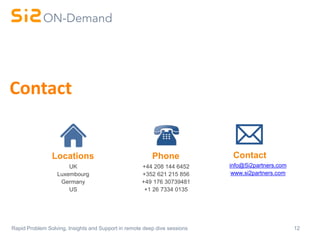 12Rapid Problem Solving, Insights and Support in remote deep dive sessions
Contact
+44 208 144 6452
+352 621 215 856
+49 176 30739481
+1 26 7334 0135
Phone
UK
Luxembourg
Germany
US
Locations
info@Si2partners.com
www.si2partners.com
Contact
 