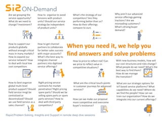 2Rapid Problem Solving, Insights and Support in remote deep dive sessions
When you need it, we help you
find answers and solve problems
Are we grasping the
service opportunity?
What do we need to
change? Investment?
How to organise to avoid
tensions with product
units? Should our service
strategy be independent
of product units?
What’s the strategy of our
competitors? Are they
performing better than us?
How do their offerings
compare to ours
Why aren’t our advanced
service offerings gaining
tractions? Are we
misreading customers?
What’s driving buyer
demand?
How to support our
products globally
without enough critical
mass in many markets?
How to expand our
service network? How
to deal with local low
cost competitors
How to get channel
partners to collaborate
for better sales success
with major accounts?
What’s the best way to
integrate channel
partners into digitized
service offerings?
How to best organize
global multi-level
product support? Should
field service mngt be
centralized or
decentralized? Should
we use field service as a
sales channel?
Right pricing service
contracts for market
penetration? Right pricing
spare parts? Should we be
selling spare parts or spare
parts services? How to
deal with third party
competitors?
How to price to reflect risk? Can
we price to reflect value in
competitive situations?
What are our strategic options for
IoT based service platforms? What
capabilities do we need? Where do
we find the people? How can we
train our organization? How do we
integrate into our current offerings?
What are the critical touch-points
in customer journeys for advanced
services?
How can we make our proposal
more competitive and overcome
buyer’s resistance?
With new business models, how will
our cost structures and risks change?
What people do we need? What’s the
best way to find them?
How do we manage
the transition?
 