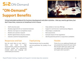 9Rapid Problem Solving, Insights and Support in remote deep dive sessions
• Draft a business plan
• Develop arguments for an investment decision
• Monitor and report on competitive moves
• Market and customer research
• Market segmentation and price analysis
• Evaluate customer buying behaviors
Virtual extended workbench for business development and other activities - that you need to get done, but
don‘t have time, resources or knowhow to do in-house
Responsive and Fast
Get the work done as you need it,
when you need it: High
responsiveness, rapid turn-around and
premium quality. Our experienced
analysts speak your language and
understand your business
Think of us as an additional flexible and
very productive resource for your team.
We are there when you need us: We
can rapidly scale and multi-task and
we‘re gone when you don‘t.
Fixed pricing
Fixed pricing (as much as possible):
and we guarantee the quality of our
work
Flexible
“ON-Demand”
Support Benefits
• Help validate or test new offerings
• Support in commercial or technical due dilligence
• Help design a complex bid
• Risk assessments
• Evaluate impact of new regulations
• Identify potential partners or acquisition candidates
 