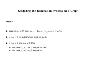 Modelling the Elimination Process on a Graph
Proof:
assume aii = 0, then xi = −1/aii k=i aikxk + yi/aii
if aij = 0 no substitution need be made
if aij = 0 and aik = 0 then
• introduce xj to the kth equation and
• introduce xk to the jth equation
 