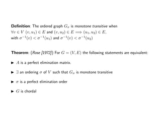 Deﬁnition: The ordered graph Gσ is monotone transitive when
∀v ∈ V (v, u1) ∈ E and (v, u2) ∈ E =⇒ (u1, u2) ∈ E,
with σ−1
(v) < σ−1
(u1) and σ−1
(v) < σ−1
(u2)
Theorem: (Rose [1972]) For G = (V, E) the following statements are equivalent:
A is a perfect elimination matrix.
∃ an ordering σ of V such that Gσ is monotone transitive
σ is a perfect elimination order
G is chordal
 