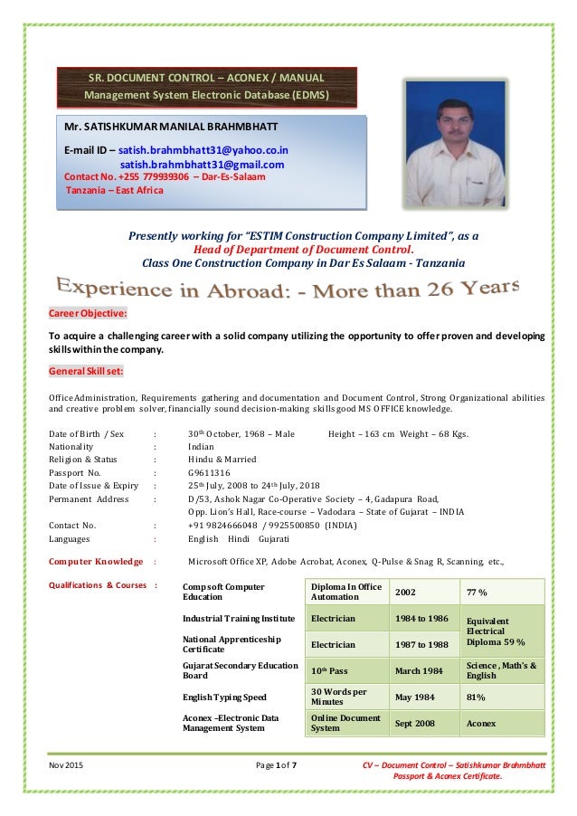 Cv Sr Document Controller Aconex Passport Mr Satishkumar Br