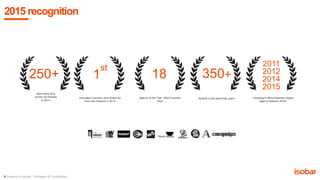 9 Property of Isobar. Privileged & Confidential.
2015 recognition
1
st
250+ 18 350+
2011
2012
2014
2015
Campaign’s Most Awarded Digital
Agency Network APAC
Awards in the past three yearsInnovation Cannes Lions Award for
Fiat Latin America in 2014
New client wins
Across 30 markets
In 2014
Agency of the Year Titles Currently
Held
 