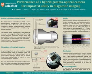 Performance of a hybrid gamma-optical camera
for improved utility in diagnostic imaging
L.K. Jambi1a, J.E. Lees1, S.L. Bugby1, B.S. Bhatia1,2, M.S. Alqahtani1, W.R. McKnight1, A.H. Ng3 and A.C. Perkins3
a Contact: Lj97@le.ac.uk
1 Space Research Centre, University of Leicester, Leicester, LE1 7RH, UK
2 Clinical Imaging Group, Sandwell and West Birmingham Hospital NHS Trust, West Bromwich B71 4HJ, UK
3 Radiological and Imaging Sciences, Medical Physics and Clinical Engineering, School of Medicine, Queen's Medical Centre, Nottingham, NG7 2UH, UK
Lymphoscintigraphy is a nuclear medicine imaging
procedure used to assess the lymphatic system. The
common indications of lymphoscintigraphy are to
assess regional lymphatic drainage and for sentinel
lymph node mapping/biopsy, for example in breast
cancer and malignant melanoma.
This work describes the characteristics of the camera
and initial images of simulated lymphatic vessels using
a 0.55 mm diameter cannula filled with 99mTc solution.
Simulation of lymphatic imaging
Hybrid Compact Gamma Camera
The Hybrid Compact Gamma Camera (HCGC) is a new
portable gamma camera with a small field of view
developed in Space Research Centre, University of
Leicester [1], Figure 1. This gamma camera offers high
spatial resolution (approximately 1 mm) by using a
pinhole collimator.
The complete system combines optical and gamma-ray
cameras, in a co-aligned configuration, offering high
spatial resolution scintigraphic imaging fused with
anatomical information from an optical image. Figure 2.
The technology has the potential to be operated as a
hand-held camera during intraoperative procedures
such as sentinel node detection.
Results
The characteristics of the HCGC have been found to
compare favourably with other portable cameras
designed for intraoperative use [2]. Spatial
resolution of less than 1mm was recorded with a
system sensitivity of up to 214cps/MBq. Figure 3
shows optical and gamma images of a 99mTc filled
cannula. The fused images show good alignment of
the two modalities allowing accurate localization of
activity.
The performance characteristics of a hybrid camera
have been described and initial images demonstrate
that it is well suited for intraoperative imaging. The
anatomical context provided by the optical camera
aids the physical localization of radiopharmaceutical
uptake. These studies encourage us to carry out
further evaluation in preparation for its use in a
surgical theatre setting.
Conclusion
Figure 2. Schematic of hybrid compact gamma camera (HCGC).
Figure 1. Main: schematic of compact gamma camera (CGC). Inset:
image of CGC with protective cover to show pinhole collimator. Image
taken from (Bugby, S.L, 2014)
Figure 3. Optical and gamma images acquired by the HCGC. A cannula
was used to mimic a lymphatic vessel. The middle cannula was filled with
99mTc mixed with blue dye, the upper and lower one filled with green dye
only. A) optical image, B) gamma image and C) fused gamma optical
images.
A B C
References 1. Lees, J.E., D.J. Bassford, O.E. Blake, P.E. Blackshaw, and A.C. Perkins, A Hybrid Camera for simultaneous imaging of gamma and optical photons. Journal of Instrumentation, 2012. 7(6)
2. Bugby, S.L., et al., Characterisation of a high resolution small field of view portable gamma camera. Phys Med, 2014. 30(3): p. 331-9.
Acknowledgement
L.K. Jambi would like to thank King Saud University, Riyadh,
Saudi Arabia and Saudi Cultural Bureau, London for the
financial support.
 