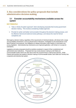 2012 Australian Administrative Law Policy Guide 8
3. Key considerations for policy proposals that include
administrative decision making
3.1 Consider accountability mechanisms available across the
system
KEY PRINCIPLE
 Take a ‘whole-of-system approach’ when developing proposals that involve government
decision making. This involves considering multiple agencies
 Provide for earlier and better communication throughout the decision-making process, and
for effective internal and external review pathways, and reduce the need for formal
complaints and
Most agency decision making, regardless of the requirements of individual statutes, will interact with a range
of accountability mechanisms, such as judicial review of decisions, investigation by the Ombudsman or the
Merit Protection Commissioner, and obligations to release information under freedom of information and
privacy legislation. Administrative law mechanisms are of general application, with limited or no scope for
exemptions.
Legislative and policy proposals should be carefully considered in respect of their constitutional and
administrative law implications. Proposals that may involve decision making by both State and
Commonwealth bodies need to be clear about which tier of government is making each decision. While
Federal administrative law applies to decision making of Commonwealth bodies, each State and Territory has
a separate administrative law system.
 