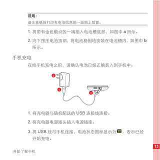 说明：
   请注意确保打印有电池信息的一面朝上放置。

   1. 将带有金色触点的一端插入电池槽底部，如图中 a 所示。

   2. 向下按压电池顶部，将电池稳固地安装在电池槽内，如图中 b
       所示。

手机充电
   在给手机充电之前，请确认电池已经正确装入到手机中。

             2



                 1
                     3




   1. 将充电器与随机配送的 USB 连接线连接。

   2. 将充电器电源插头插入电源插座。

   3. 将 USB 线与手机连接，电池状态图标显示为   ，表示已经
       开始充电。
                                       13
开始了解手机
 