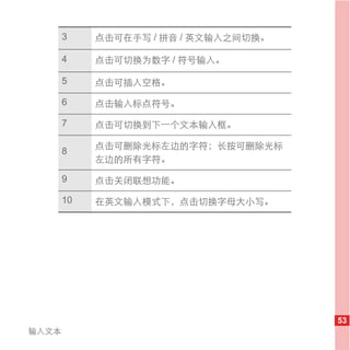 3    点击可在手写 / 拼音 / 英文输入之间切换。

       4    点击可切换为数字 / 符号输入。

       5    点击可插入空格。

       6    点击输入标点符号。

       7    点击可切换到下一个文本输入框。

            点击可删除光标左边的字符；长按可删除光标
       8
            左边的所有字符。

       9    点击关闭联想功能。

       10   在英文输入模式下，点击切换字母大小写。




                                      53
输入文本
 