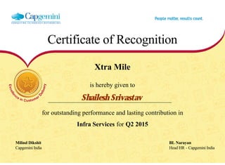 Certificate of Recognition
Xtra Mile
is hereby given to
Shailesh Srivastav
for outstanding performance and lasting contribution in
Infra Services for Q2 2015
Milind Dikshit BL Narayan
Capgemini India Head HR - Capgemini India
  
 