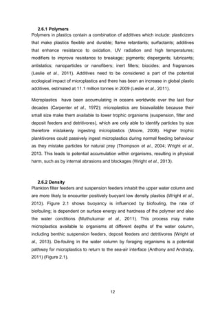 12
2.6.1 Polymers
Polymers in plastics contain a combination of additives which include: plasticizers
that make plastics flexible and durable; flame retardants; surfactants; additives
that enhance resistance to oxidation, UV radiation and high temperatures;
modifiers to improve resistance to breakage; pigments; dispergents; lubricants;
antistatics; nanoparticles or nanofibers; inert fillers; biocides; and fragrances
(Leslie et al., 2011). Additives need to be considered a part of the potential
ecological impact of microplastics and there has been an increase in global plastic
additives, estimated at 11.1 million tonnes in 2009 (Leslie et al., 2011).
Microplastics have been accumulating in oceans worldwide over the last four
decades (Carpenter et al., 1972); microplastics are bioavailable because their
small size make them available to lower trophic organisms (suspension, filter and
deposit feeders and detritivores), which are only able to identify particles by size
therefore mistakenly ingesting microplastics (Moore, 2008). Higher trophic
planktivores could passively ingest microplastics during normal feeding behaviour
as they mistake particles for natural prey (Thompson et al., 2004; Wright et al.,
2013. This leads to potential accumulation within organisms, resulting in physical
harm, such as by internal abrasions and blockages (Wright et al., 2013).
2.6.2 Density
Plankton filter feeders and suspension feeders inhabit the upper water column and
are more likely to encounter positively buoyant low density plastics (Wright et al.,
2013). Figure 2.1 shows buoyancy is influenced by biofouling, the rate of
biofouling; is dependent on surface energy and hardness of the polymer and also
the water conditions (Muthukumar et al., 2011). This process may make
microplastics available to organisms at different depths of the water column,
including benthic suspension feeders, deposit feeders and detritivores (Wright et
al., 2013). De-fouling in the water column by foraging organisms is a potential
pathway for microplastics to return to the sea-air interface (Anthony and Andrady,
2011) (Figure 2.1).
 