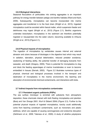 14
2.6.5 Biological interactions
Seasonal flocculation of particulates into sinking aggregates is an important
pathway for energy transfer between pelagic and benthic habitats (Ward and Kach,
2009). Subsequently, microplastics can become incorporated into marine
aggregates and transferred in to the food chain (Wright et al., 2013). Ingested
microplastics could be excreted within faecal matter, which suspension feeder and
detritivores may ingest (Wright et al., 2013) (Figure 2.1). Benthic organisms
undertake bioturbation; microplastics in the sediment are therefore potentially
ingested or resuspended into the water column, becoming available to infrauna
(Wright et al., 2013) (Figure 2.1).
2.6.6 Physical impacts of microplastics
The ingestion of microplastics by vertebrates causes internal and external
abrasion and ulcers because of blockages in the digestive tract which may result
in satiation, starvation, physical deterioration, reduced predator avoidance,
weakening of feeding ability, the potential transfer of damaging toxicants from
seawater, and death (Gregory, 2009). There is potential for microplastics to clog
and block the feeding appendages of marine invertebrates or even to become
embedded in tissues (Derraik, 2002). Figure 2.2 illustrates numerous types of
physical, chemical and biological processes involved in the transport and
destination of microplastics in the marine environment, the leaching and
absorption of environmental chemical contaminants, and interactions with biota.
2.7 Indirect Impacts from microplastics contaminates
2.7.1 Persistent organic pollutants (POPs)
The sea surface microlayer is enriched with pollutants from atmospheric
deposition; these chemicals interact with both floating microplastics and plankton
(Booij and Van Drooge 2001; Wurl & Obbard 2004) (Figure 2.3). Further to the
potential physical impacts of ingested microplastics, toxicity could additionally
come from leaching constituent contaminants, such as monomers and plastic
additives, which are capable of causing carcinogenesis and endocrine disruption
(Oehlmann et al., 2009; Talsness et al., 2009). A study of ultrafine polystyrene
 