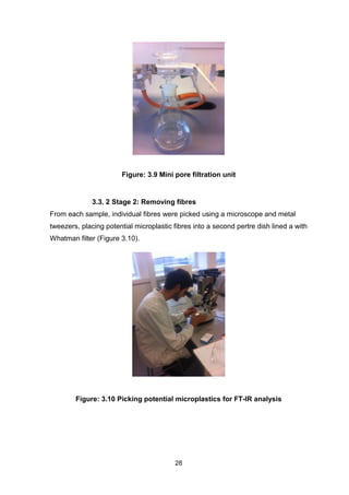 28
Figure: 3.9 Mini pore filtration unit
3.3. 2 Stage 2: Removing fibres
From each sample, individual fibres were picked using a microscope and metal
tweezers, placing potential microplastic fibres into a second pertre dish lined a with
Whatman filter (Figure 3.10).
Figure: 3.10 Picking potential microplastics for FT-IR analysis
 