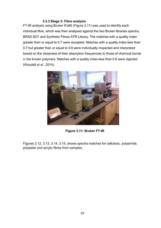 29
3.3.3 Stage 3: Fibre analysis
FT-IR analysis using Bruker IFs66 (Figure 3.11) was used to identify each
individual fibre, which was then analysed against the two Bruker libraries spectra,
BPAD.SO1 and Synthetic Fibres ATR Library. The matches with a quality index
greater than or equal to 0.7 were accepted. Matches with a quality index less than
0.7 but greater than or equal to 0.6 were individually inspected and interpreted
based on the closeness of their absorption frequencies to those of chemical bonds
in the known polymers. Matches with a quality index less than 0.6 were rejected
(Woodall et al., 2014).
Figure 3.11: Bruker FT-IR
Figures 3.12, 3.13, 3.14, 3.15, shows spectra matches for cellulosic, polyamide,
polyester and acrylic fibres from samples.
 