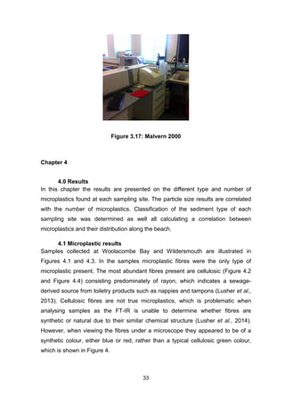 33
Figure 3.17: Malvern 2000
Chapter 4
4.0 Results
In this chapter the results are presented on the different type and number of
microplastics found at each sampling site. The particle size results are correlated
with the number of microplastics. Classification of the sediment type of each
sampling site was determined as well all calculating a correlation between
microplastics and their distribution along the beach.
4.1 Microplastic results
Samples collected at Woolacombe Bay and Wildersmouth are illustrated in
Figures 4.1 and 4.3. In the samples microplastic fibres were the only type of
microplastic present. The most abundant fibres present are cellulosic (Figure 4.2
and Figure 4.4) consisting predominately of rayon, which indicates a sewage-
derived source from toiletry products such as nappies and tampons (Lusher et al.,
2013). Cellulosic fibres are not true microplastics, which is problematic when
analysing samples as the FT-IR is unable to determine whether fibres are
synthetic or natural due to their similar chemical structure (Lusher et al., 2014).
However, when viewing the fibres under a microscope they appeared to be of a
synthetic colour, either blue or red, rather than a typical cellulosic green colour,
which is shown in Figure 4.
 
