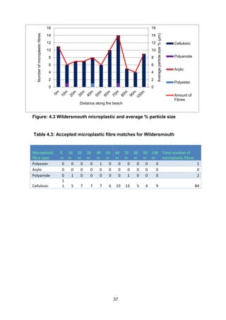 37
Figure: 4.3 Wildersmouth microplastic and average % particle size
Table 4.3: Accepted microplastic fibre matches for Wildersmouth
Microplastic
fibre type
0
m
10
m
20
m
30
m
40
m
50
m
60
m
70
m
80
m
90
m
100
m
Total number of
microplastic fibres
Polyester 0 0 0 0 1 0 0 0 0 0 0 1
Arylic 0 0 0 0 0 0 0 0 0 0 0 0
Polyamide 0 1 0 0 0 0 0 1 0 0 0 2
Cellulosic
1
1 5 7 7 7 6 10 13 5 4 9 84
0
2
4
6
8
10
12
14
16
0
2
4
6
8
10
12
14
16
Averageparticlesize%(µm)
Numberofmicroplasticfibres
Distance along the beach
Cellulosic
Polyamide
Arylic
Polyester
Amount of
Fibres
 