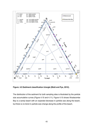 43
Figure: 4.9 Sediment classification triangle (Blott and Pye, 2012).
The distribution of the sediment for both sampling sites is illustrated by the particle
size accumulative curves (Figure 4.10 and 4.11). Figure 4.10 shows Woolacombe
Bay is a sandy beach with an expected decrease in particle size along the beach,
but there is no trend in particle size change along the profile of the beach.
Wildersmouth
Woolacombe Bay
% mud
30
20
10
0
40
50
60
70
80
90
100
(s)mG (m)sG
(s)gM (m)gS
smG
gsM gmS
(vg)(m)S(vg)mS(vg)sM(vg)(s)M
(g)(s)M (g)sM (g)mS (g)(m)S
gSgM
S
M (vm)S
(vg)(vm)S
(vg)S
(m)SmS
(g)M
(vg)(vs)M
(vg)M
(vs)M (s)M sM
G
(s)(m)G
sGmG
(m)G (s)G
(vs)G
(vm)G (vs)(vm)G
G
S
M
gravel
sand
mud
gravelly
sandy
muddy
g
s
m
(g)
(s)
(m)
slightly gravelly
slightly sandy
slightly muddy
(vg)
(vs)
(vm)
very slightly gravelly
very slightly sandy
very slightly muddy
 