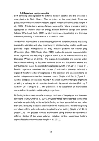 50
5.2 Receptors to microplastics
Both sampling sites represent the different types of beaches and the presence of
microplastics in North Devon. The receptors to the microplastic fibres are
particularly benthic suspension feeders, deposit feeders and detritivores (Wright et
al., 2013). This is due to various factors, such as the natural process of sinking
aggregates as marine snow for energy transfer between pelagic and benthic
habitats (Ward and Kach, 2009), which incorporate microplastics and therefore
create the possibility of transference in to the food chain.
The buoyant microplastics in the surface layers of the water column are mistakenly
ingested by plankton and other organisms; in addition higher trophic planktivores
passively ingest microplastics as they mistake particles for natural prey
(Thompson et al., 2004; Wright et al., 2013), leading to potential bioaccumulation
within organisms and resulting in physical harm, such as internal abrasions and
blockages (Wright et al., 2013). The ingested microplastics are excreted within
faecal matter and may be deposited in marine snow, and suspension feeders and
detritivores may ingest the excreted microplastics (Wright et al., 2013) (Figure 2.1).
Benthic organisms undertake the process of bioturbation whereby sediment is
ingested therefore settled microplastics in the sediment are bioaccumulating as
well as being re-suspended into the water column (Wright et al., 2013) (Figure 2.1).
Another biological process is de-fouling in the water column by foraging organisms
providing a pathway for microplastics to return to the sea-air interface (Anthony &
Andrady, 2011) (Figure 2.1). The processes of re-suspension of microplastics
cause indirect impacts to mobile pelagic organisms.
Biofouling is dependent on surface energy, hardness of the polymer and the water
conditions (Muthukumar et al., 2011). Polyester fibres from discarded fishing lines
and nets are potentially subjected to biofouling, as their source is from sea rather
than land. Biofouling increases the density of the microplastics, therefore exposing
more layers of the water column to microplastics when sinking (Wright et al., 2013)
(Figure 2.1). This process leads to microplastics being available to organisms at
different depths of the water column, including benthic suspension feeders,
deposit feeders and detritivores (Wright et al., 2013).
 