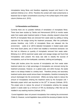 53
microplastics being fibres and therefore negatively buoyant and found in the
sediment (Holmes et al., 2012). Therefore the contact with metal contaminants is
lessened due to higher concentrations occurring in the surface layers of the water
column (Holmes et al., 2012).
5.4 Remediation and Solutions
Currently there are no possible methods of remediation of microplastic fibres.
There have been studies by Talvitie and Heinonenand (2014) to monitor waste
water from waste water treatment plants in Russia, whereby research shows that
96.57% of microplastic fibres are removed from waste water by settling or being
captured into the sludge during the treatment processes. After the purification
process therefore, only 3.43% of microplastic fibres are released into the
environment. Leslie et al. (2013) detected microplastic in treated waste water
from three Dutch plants, one of which had installed a membrane bioreactor, but
this had no influence on quantity of microplastic removed from waste water.
Mintenig et al. (2014) examined waste water and sewage sludge and found that
microplastics were present; this study was able to classify the sources of
microplastics, such as from toothpaste, cosmetics, clothing and packaging.
These pilot studies prove the sources of microplastics are from waste water
treatment plants but a high percentage of microplastics are removed during the
treatment processes. However, on a global scale, and within Europe, the waste
water is not always treated to a tertiary level. Therefore primary and secondary
treatment works alone would remove fewer microplastics, therefore increasing the
amount discharged into the environment. Efforts are being made to reduce the
amount of microplastics entering the treatment works by the European Life +
Mermaids project which was launched on the 22nd
of January (Vethaak, 2015).
The project aims to reduce the amount of microplastics entering the sewage
system in waste water by a minimum of 70% by developing a filter that can be
installed in any washing machine (Vethaak, 2015).
Current legislation does not prevent microplastics from entering the environment
(Table 2). However, current legislation does prohibit the dumping of plastic into the
 