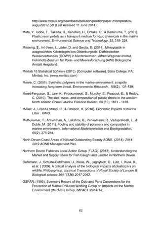 62
http://www.mcsuk.org/downloads/pollution/positionpaper-microplastics-
august2012.pdf (Last Acessed 11 June 2014).
Mato, Y., Isobe, T., Takada, H., Kenehiro, H., Ohtake, C., & Kaminuma, T. (2001).
Plastic resin pellets as a transport medium for toxic chemicals in the marine
environment. Environmental Science and Technology, 35, 318- 324.
Mintenig, S., Int-Veen, I., Löder, D. and Gerdts, D. (2014). Mikroplastik in
ausgewählten Kläranlagen des Oldenburgisch- Ostfriesischen
Wasserverbandes (OOWV) in Niedersachsen. Alfred-Wegener-Institut,
Helmholtz-Zentrum für Polar- und Meeresforschung (AWI) Biologische
Anstalt Helgoland.
Minitab 16 Statistical Software (2010). [Computer software]. State College, PA:
Minitab, Inc. (www.minitab.com)
Moore, C. (2008). Synthetic polymers in the marine environment: a rapidly
increasing, long-term threat. Environmental Research , 108(2), 131-139.
Morét-Ferguson, S., Law, K., Proskurowski, G., Murphy, E., Peacock, E., & Reddy,
C. (2010). The size, mass, and composition of plastic debris in the western
North Atlantic Ocean. Marine Pollution Bulletin, 60 (10), 1873 - 1878.
Mouat, J., Lopez-Lozano, R., & Bateson, H. (2010). Economic Impacts of marine
Litter . KIMO.
Muthukumar, T., Aravinthan, A., Lakshmi, K., Venkatesan, R., Vedaprakash, L., &
Doble, M. (2011). Fouling and stability of polymers and composites in
marine environment. International Biodeterioration and Biodegradation,
65(2), 276-284.
North Devon Coast Areas of Natural Outstanding Beauty AONB. (2014). 2014-
2019 AONB Management Plan.
Northern Devon Fisheries Local Action Group (FLAG). (2013). Understanding the
Market and Supply Chain for Fish Caught and Landed in Northern Devon.
Oehlmann, J., Schulte-Oehlmann, U., Kloas, W., Jagnytsch, O., Lutz, I., Kusk, K.,
et al. ( 2009). A critical analysis of the biological impacts of plasticizers on
wildlife. Philosophical. sophical Transactions of Royal Society of London B:
Biological science 364 (1526) 2047-2062.
OSPAR. (1995). Summary Record of the Oslo and Paris Conventions for the
Prevention of Marine Pollution Working Group on Impacts on the Marine
Environment (IMPACT) Group, IMPACT 95/14/1-E.
 