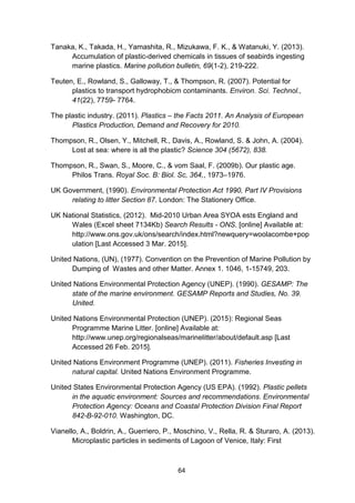 64
Tanaka, K., Takada, H., Yamashita, R., Mizukawa, F. K., & Watanuki, Y. (2013).
Accumulation of plastic-derived chemicals in tissues of seabirds ingesting
marine plastics. Marine pollution bulletin, 69(1-2), 219-222.
Teuten, E., Rowland, S., Galloway, T., & Thompson, R. (2007). Potential for
plastics to transport hydrophobicm contaminants. Environ. Sci. Technol.,
41(22), 7759- 7764.
The plastic industry. (2011). Plastics – the Facts 2011. An Analysis of European
Plastics Production, Demand and Recovery for 2010.
Thompson, R., Olsen, Y., Mitchell, R., Davis, A., Rowland, S. & John, A. (2004).
Lost at sea: where is all the plastic? Science 304 (5672), 838.
Thompson, R., Swan, S., Moore, C., & vom Saal, F. (2009b). Our plastic age.
Philos Trans. Royal Soc. B: Biol. Sc, 364,, 1973–1976.
UK Government, (1990). Environmental Protection Act 1990, Part IV Provisions
relating to litter Section 87. London: The Stationery Office.
UK National Statistics, (2012). Mid-2010 Urban Area SYOA ests England and
Wales (Excel sheet 7134Kb) Search Results - ONS. [online] Available at:
http://www.ons.gov.uk/ons/search/index.html?newquery=woolacombe+pop
ulation [Last Accessed 3 Mar. 2015].
United Nations, (UN), (1977). Convention on the Prevention of Marine Pollution by
Dumping of Wastes and other Matter. Annex 1. 1046, 1-15749, 203.
United Nations Environmental Protection Agency (UNEP). (1990). GESAMP: The
state of the marine environment. GESAMP Reports and Studies, No. 39.
United.
United Nations Environmental Protection (UNEP). (2015): Regional Seas
Programme Marine Litter. [online] Available at:
http://www.unep.org/regionalseas/marinelitter/about/default.asp [Last
Accessed 26 Feb. 2015].
United Nations Environment Programme (UNEP). (2011). Fisheries Investing in
natural capital. United Nations Environment Programme.
United States Environmental Protection Agency (US EPA). (1992). Plastic pellets
in the aquatic environment: Sources and recommendations. Environmental
Protection Agency: Oceans and Coastal Protection Division Final Report
842-B-92-010. Washington, DC.
Vianello, A., Boldrin, A., Guerriero, P., Moschino, V., Rella, R. & Sturaro, A. (2013).
Microplastic particles in sediments of Lagoon of Venice, Italy: First
 
