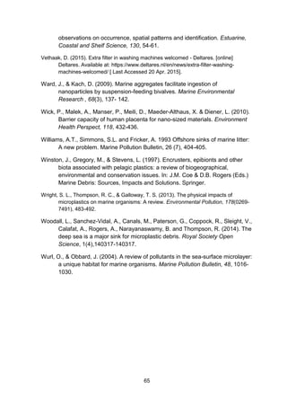65
observations on occurrence, spatial patterns and identification. Estuarine,
Coastal and Shelf Science, 130, 54-61.
Vethaak, D. (2015). Extra filter in washing machines welcomed - Deltares. [online]
Deltares. Available at: https://www.deltares.nl/en/news/extra-filter-washing-
machines-welcomed/ [ Last Accessed 20 Apr. 2015].
Ward, J., & Kach, D. (2009). Marine aggregates facilitate ingestion of
nanoparticles by suspension-feeding bivalves. Marine Environmental
Research , 68(3), 137- 142.
Wick, P., Malek, A., Manser, P., Meili, D., Maeder-Althaus, X. & Diener, L. (2010).
Barrier capacity of human placenta for nano-sized materials. Environment
Health Perspect, 118, 432-436.
Williams, A.T., Simmons, S.L. and Fricker, A. 1993 Offshore sinks of marine litter:
A new problem. Marine Pollution Bulletin, 26 (7), 404-405.
Winston, J., Gregory, M., & Stevens, L. (1997). Encrusters, epibionts and other
biota associated with pelagic plastics: a review of biogeographical,
environmental and conservation issues. In: J.M. Coe & D.B. Rogers (Eds.)
Marine Debris: Sources, Impacts and Solutions. Springer.
Wright, S. L., Thompson, R. C., & Galloway, T. S. (2013). The physical impacts of
microplastics on marine organisms: A review. Environmental Pollution, 178(0269-
7491), 483-492.
Woodall, L., Sanchez-Vidal, A., Canals, M., Paterson, G., Coppock, R., Sleight, V.,
Calafat, A., Rogers, A., Narayanaswamy, B. and Thompson, R. (2014). The
deep sea is a major sink for microplastic debris. Royal Society Open
Science, 1(4),140317-140317.
Wurl, O., & Obbard, J. (2004). A review of pollutants in the sea-surface microlayer:
a unique habitat for marine organisms. Marine Pollution Bulletin, 48, 1016-
1030.
 