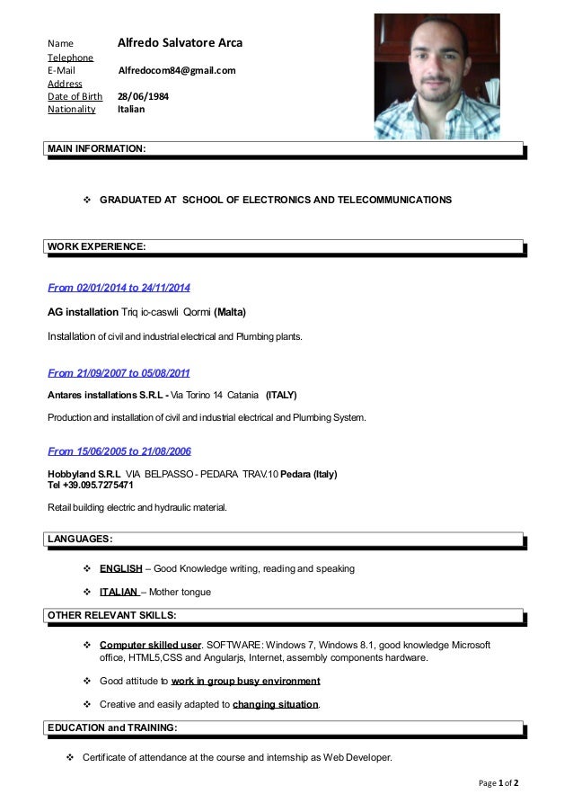 English CV for electrician