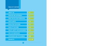 TABLE OF CONTENT
ABOUT US 5
HOW WE ARE DIFFERENT 7
WHAT WE DO (OUR SERVICES) 9
OUR CLIENTS 10
EXECUTIVE OFFICERS 11
QUALITY CULTURE 15
HEALTH, SAFETY AND ENVIRONMENT 17
ITEC LTD CERTIFICATE 18 - 19
OUR BANKS AND TIN NUMBER 20
PROJECTS 21 - 28
1
 