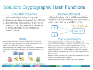 QTMA 2015 - 2016 10
Collision-ResistantThree Main Properties
Puzzle-FriendlinessHiding
1. Its input can be a string of any size
2. It produces a fixed size output (i.e. 256-bit)
3. It is efficiently computable. For any given
string, you can figure out what the output
of the has function is in a reasonable
amount of time
A hash function, H(), is said to be collision
resistant if it is infeasible to find two values, x
and y, such that x ≠ y, yet H(x) = H(y)
H(x) = H(y)
y
x Don’t Want
Because the number of inputs exceeds the number of
outputs, we are guaranteed that there will be one output
which has more than one input (collisions)
A hash function is hiding if: when a value r is chosen from a
probability distribution that given x, it is difficult to find H (r |
x)
If every possible 256-bit output value y, if target k, is
chosen from a distribution, then it is infeasible to find x such
that H (k | x) = y in a time significantly less than 2^256
If someone wants the target hash function to come out a
certain way (output y), if that target (k) is chosen in some
random way, it is very difficult to find another value that hits
that output y
Makes finding collisions very difficult to happen by accident
(unless you want them to happen)
Asymmetrical security is mainly used with collisions
Example of Hash Function in Block Chain
 