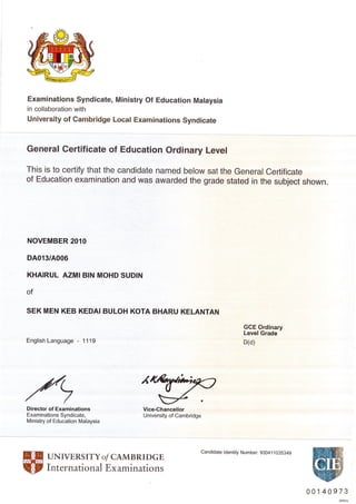 CERTIFICATE OF ORDINARY LEVEL