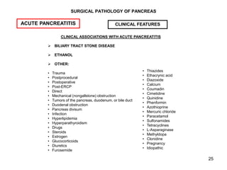 25
SURGICAL PATHOLOGY OF PANCREAS
ACUTE PANCREATITIS CLINICAL FEATURES
CLINICAL ASSOCIATIONS WITH ACUTE PANCREATITIS
 BIL...