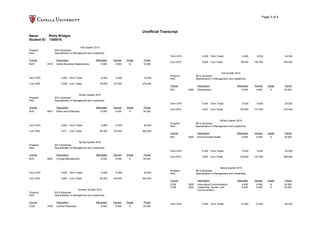 Page 3 of 4
Unofficial Transcript
Name: Ricky Bridges
Student ID: 1300016
Fall Quarter 2013
Program: BS in Business
Plan: Specialization in Management and Leadership
Course Description Attempted Earned Grade Points
BUS 4016 Global Business Relationships 6.000 6.000 B 18.000
Term GPA 3.000 Term Totals 6.000 6.000 18.000
Cum GPA 3.538 Cum Totals 78.000 127.500 276.000
Winter Quarter 2014
Program: BS in Business
Plan: Specialization in Management and Leadership
Course Description Attempted Earned Grade Points
BUS 4801 Ethics and Enterprise 6.000 6.000 A 24.000
Term GPA 4.000 Term Totals 6.000 6.000 24.000
Cum GPA 3.571 Cum Totals 84.000 133.500 300.000
Spring Quarter 2014
Program: BS in Business
Plan: Specialization in Management and Leadership
Course Description Attempted Earned Grade Points
BUS 4802 Change Management 6.000 6.000 A 24.000
Term GPA 4.000 Term Totals 6.000 6.000 24.000
Cum GPA 3.600 Cum Totals 90.000 139.500 324.000
Summer Quarter 2014
Program: BS in Business
Plan: Specialization in Management and Leadership
Course Description Attempted Earned Grade Points
COM 3700 Conflict Resolution 6.000 6.000 A 24.000
Term GPA 4.000 Term Totals 6.000 6.000 24.000
Cum GPA 3.625 Cum Totals 96.000 145.500 348.000
Fall Quarter 2014
Program: BS in Business
Plan: Specialization in Management and Leadership
Course Description Attempted Earned Grade Points
POL 2000 Globalization 6.000 6.000 A 24.000
Term GPA 4.000 Term Totals 6.000 6.000 24.000
Cum GPA 3.647 Cum Totals 102.000 151.500 372.000
Winter Quarter 2015
Program: BS in Business
Plan: Specialization in Management and Leadership
Course Description Attempted Earned Grade Points
BIO 2000 Environmental Health 6.000 6.000 A 24.000
Term GPA 4.000 Term Totals 6.000 6.000 24.000
Cum GPA 3.667 Cum Totals 108.000 157.500 396.000
Spring Quarter 2015
Program: BS in Business
Plan: Specialization in Management and Leadership
Course Description Attempted Earned Grade Points
COM 2000 Intercultural Communication 6.000 6.000 A 24.000
COM 3200 Leadership, Gender, and
Communication
6.000 6.000 A 24.000
Term GPA 4.000 Term Totals 12.000 12.000 48.000
 