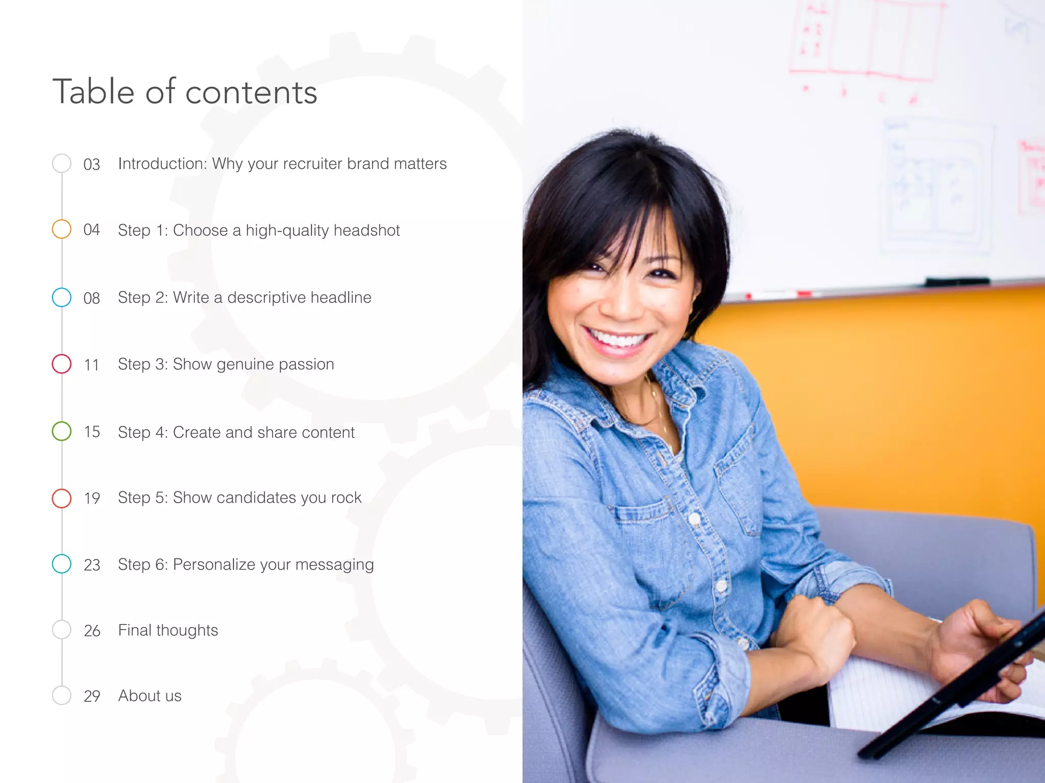 Table of contents
Step 1: Choose a high-quality headshot
Introduction: Why your recruiter brand matters
Step 2: Write a descriptive headline
Step 3: Show genuine passion
Step 4: Create and share content
Step 5: Show candidates you rock
04
08
11
03
15
19
Final thoughts26
About us29
Step 6: Personalize your messaging23
 