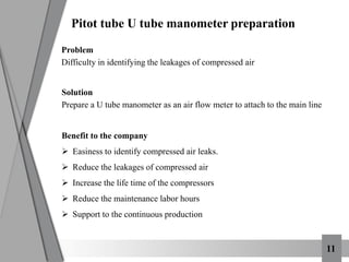 11
Pitot tube U tube manometer preparation
Problem
Difficulty in identifying the leakages of compressed air
Solution
Prepare a U tube manometer as an air flow meter to attach to the main line
Benefit to the company
 Easiness to identify compressed air leaks.
 Reduce the leakages of compressed air
 Increase the life time of the compressors
 Reduce the maintenance labor hours
 Support to the continuous production
 