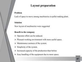 07
Layout preparation
Problem
Lack of space to move among machineries in pellet making plant.
Solution
New layout of machineries were suggested
Benefit to the company
 Operator effort can be reduced.
 Pleasant working environment with more useful space.
 Maintenance easiness of the system.
 Simplicity of the system.
 Increased capacity of the production than before
 Easy handling of the equipment due to more space.
 
