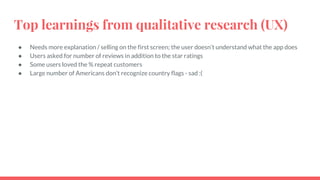 Top learnings from qualitative research (UX)
● Needs more explanation / selling on the first screen; the user doesn’t understand what the app does
● Users asked for number of reviews in addition to the star ratings
● Some users loved the % repeat customers
● Large number of Americans don’t recognize country flags - sad :(
 