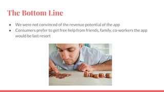 The Bottom Line
● We were not convinced of the revenue potential of the app
● Consumers prefer to get free help from friends, family, co-workers the app
would be last resort
 