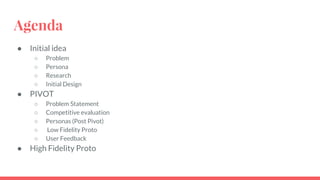 Agenda
● Initial idea
○ Problem
○ Persona
○ Research
○ Initial Design
● PIVOT
○ Problem Statement
○ Competitive evaluation
○ Personas (Post Pivot)
○ Low Fidelity Proto
○ User Feedback
● High Fidelity Proto
 