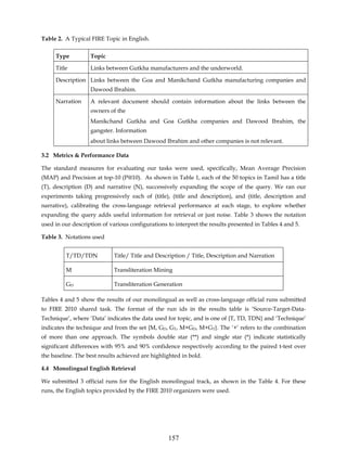 Table 2. A Typical FIRE Topic in English.

     Type          Topic

     Title         Links between Gutkha manufacturers and the underworld.

     Description Links between the Goa and Manikchand Gutkha manufacturing companies and
                   Dawood Ibrahim.

     Narration     A relevant document should contain information about the links between the
                   owners of the
                   Manikchand Gutkha and Goa Gutkha companies and Dawood Ibrahim, the
                   gangster. Information
                   about links between Dawood Ibrahim and other companies is not relevant.

3.2 Metrics & Performance Data

The standard measures for evaluating our tasks were used, specifically, Mean Average Precision
(MAP) and Precision at top-10 (P@10). As shown in Table 1, each of the 50 topics in Tamil has a title
(T), description (D) and narrative (N), successively expanding the scope of the query. We ran our
experiments taking progressively each of (title), (title and description), and (title, description and
narrative), calibrating the cross-language retrieval performance at each stage, to explore whether
expanding the query adds useful information for retrieval or just noise. Table 3 shows the notation
used in our description of various configurations to interpret the results presented in Tables 4 and 5.

Table 3. Notations used


         T/TD/TDN            Title/ Title and Description / Title, Description and Narration

         M                   Transliteration Mining

         GD                  Transliteration Generation

Tables 4 and 5 show the results of our monolingual as well as cross-language official runs submitted
to FIRE 2010 shared task. The format of the run ids in the results table is ‘Source-Target-Data-
Technique’, where ‘Data’ indicates the data used for topic, and is one of {T, TD, TDN} and ‘Technique’
indicates the technique and from the set {M, GD, GT, M+GD, M+GT}. The ‘+’ refers to the combination
of more than one approach. The symbols double star (**) and single star (*) indicate statistically
significant differences with 95% and 90% confidence respectively according to the paired t-test over
the baseline. The best results achieved are highlighted in bold.

4.4 Monolingual English Retrieval

We submitted 3 official runs for the English monolingual track, as shown in the Table 4. For these
runs, the English topics provided by the FIRE 2010 organizers were used.




                                                  157
 